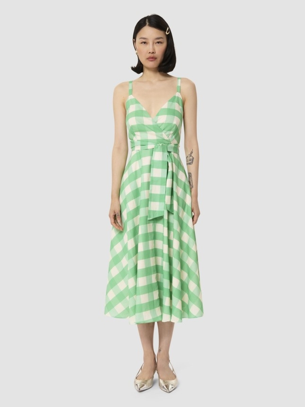Tara Jarmon Mint and Cream Gingham Tie-Waist Midi Dress